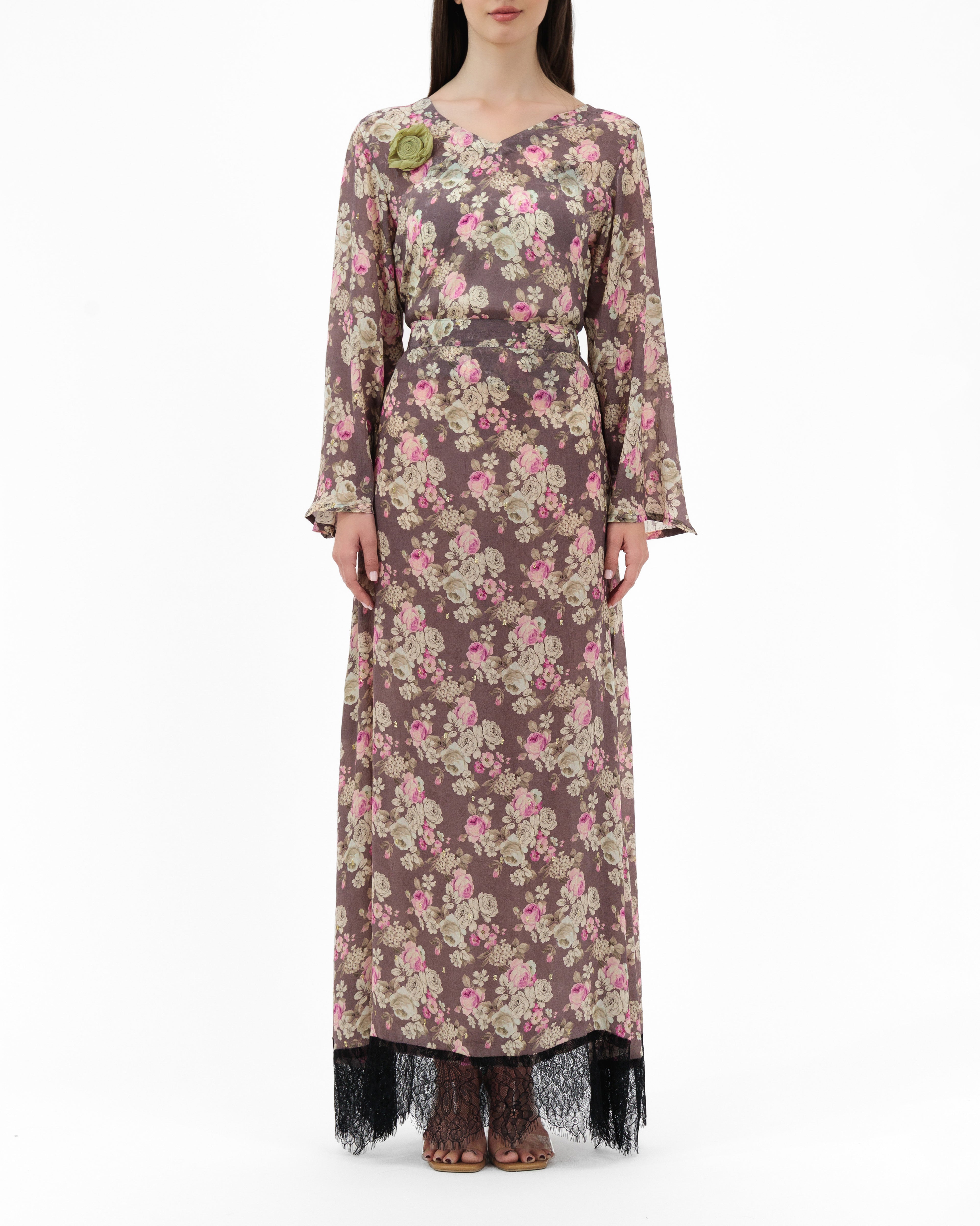 Taupe Floral Rose Top & Skirt