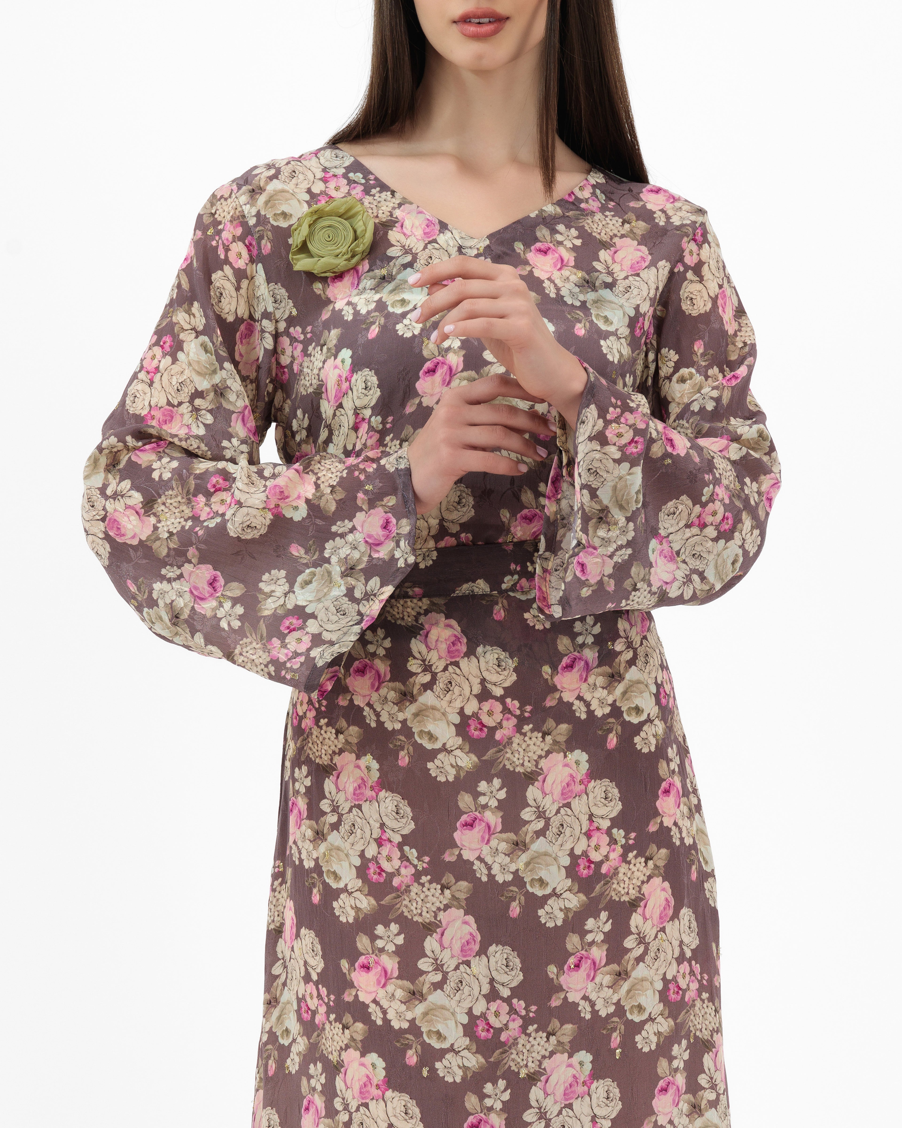 Taupe Floral Rose Top & Skirt