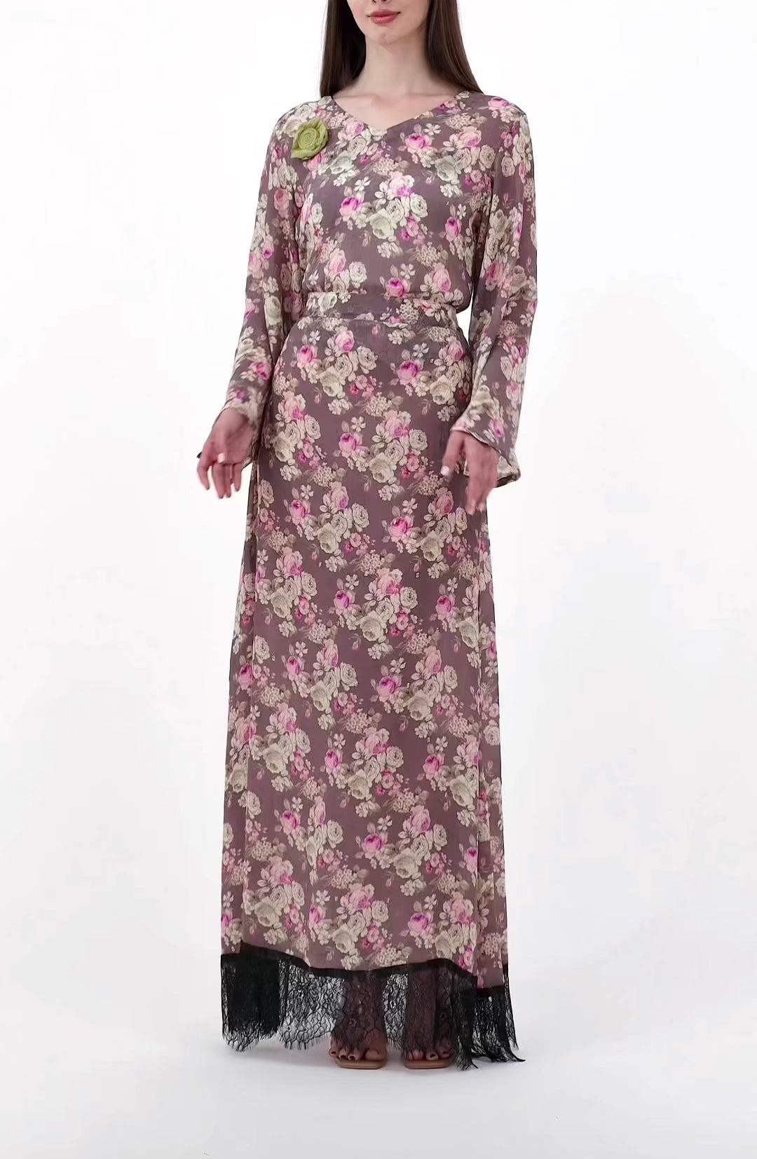 Taupe Floral Rose Top & Skirt